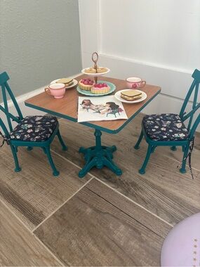 American Girl Teal Bistro Table and Chairs with Floral Cushions